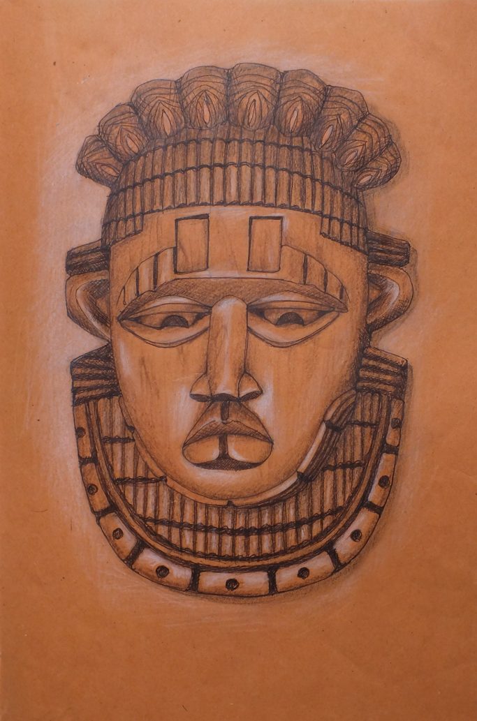 Afrikanische Maske Zeichnung von einer afrikanischen Maske mit braunen und weißen Farbstiften auf getöntem Papier