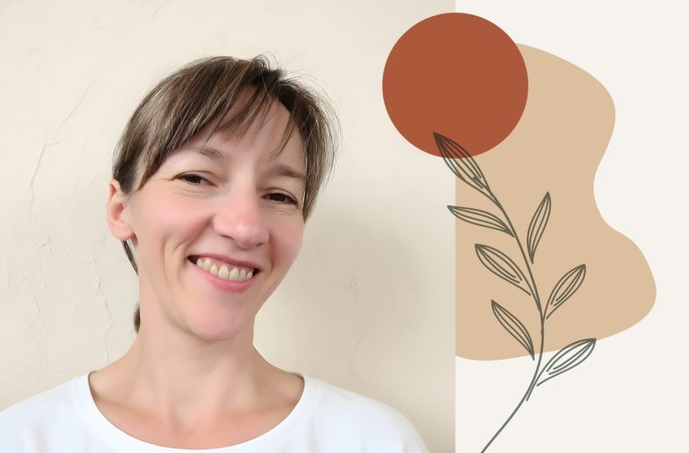 Foto von Inessa Neufeld mit einem strahlenden Lächeln und grafischen Elementen daneben